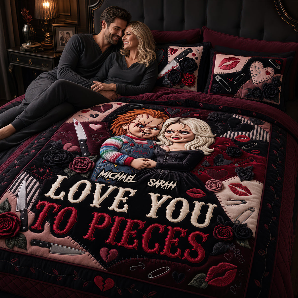 Personalized Horror Love Quilted Bedding Set for Couples Quilted Bedding Set GradoCreations