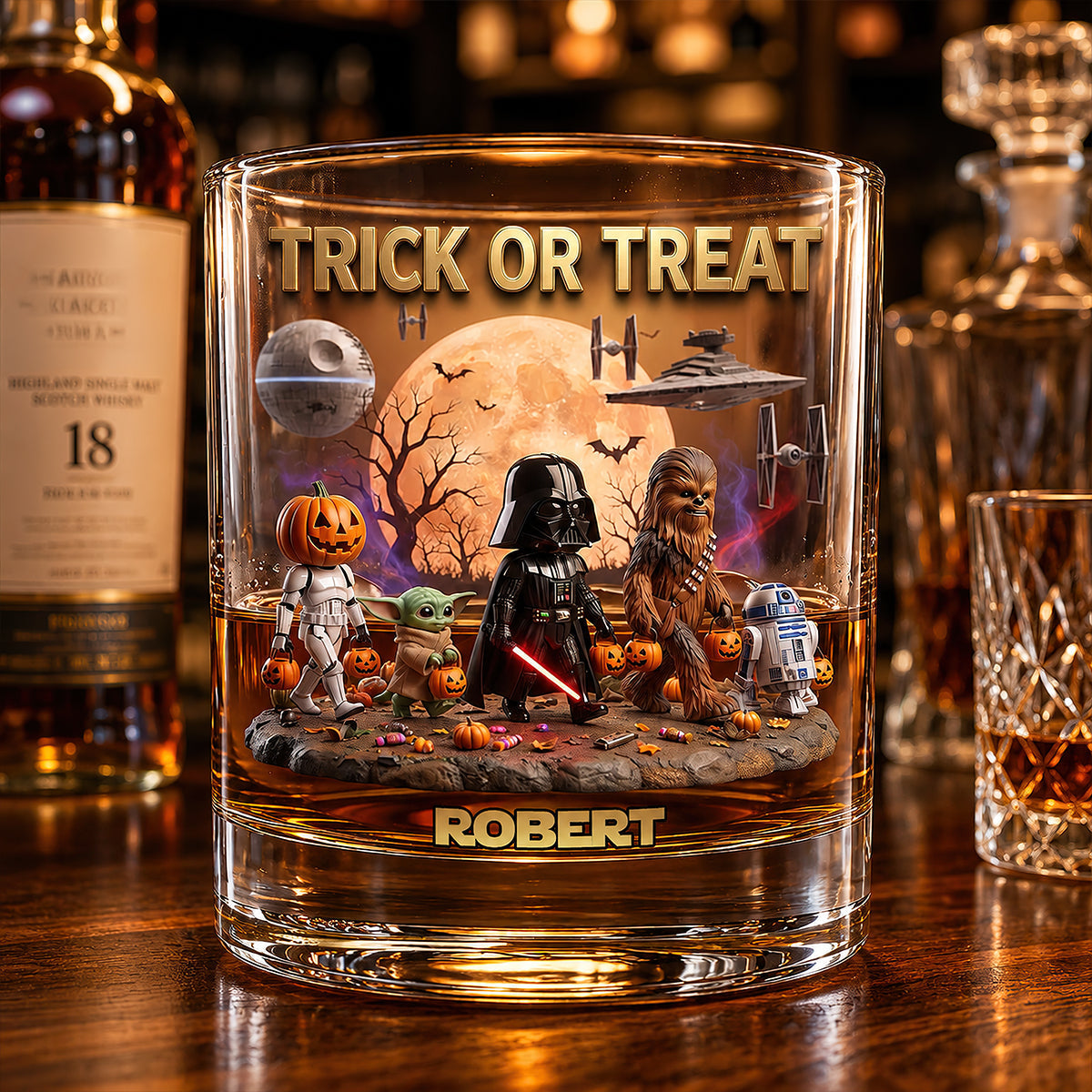 Personalized Trick or Treat Whiskey Glass Custom Name Halloween Gift Whiskey Glass GradoCreations