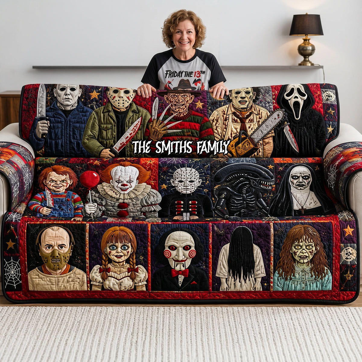 Personalized Spooky Halloween Horror Movie Sofa Cover Decor Quited Sofa Cover GradoCreations