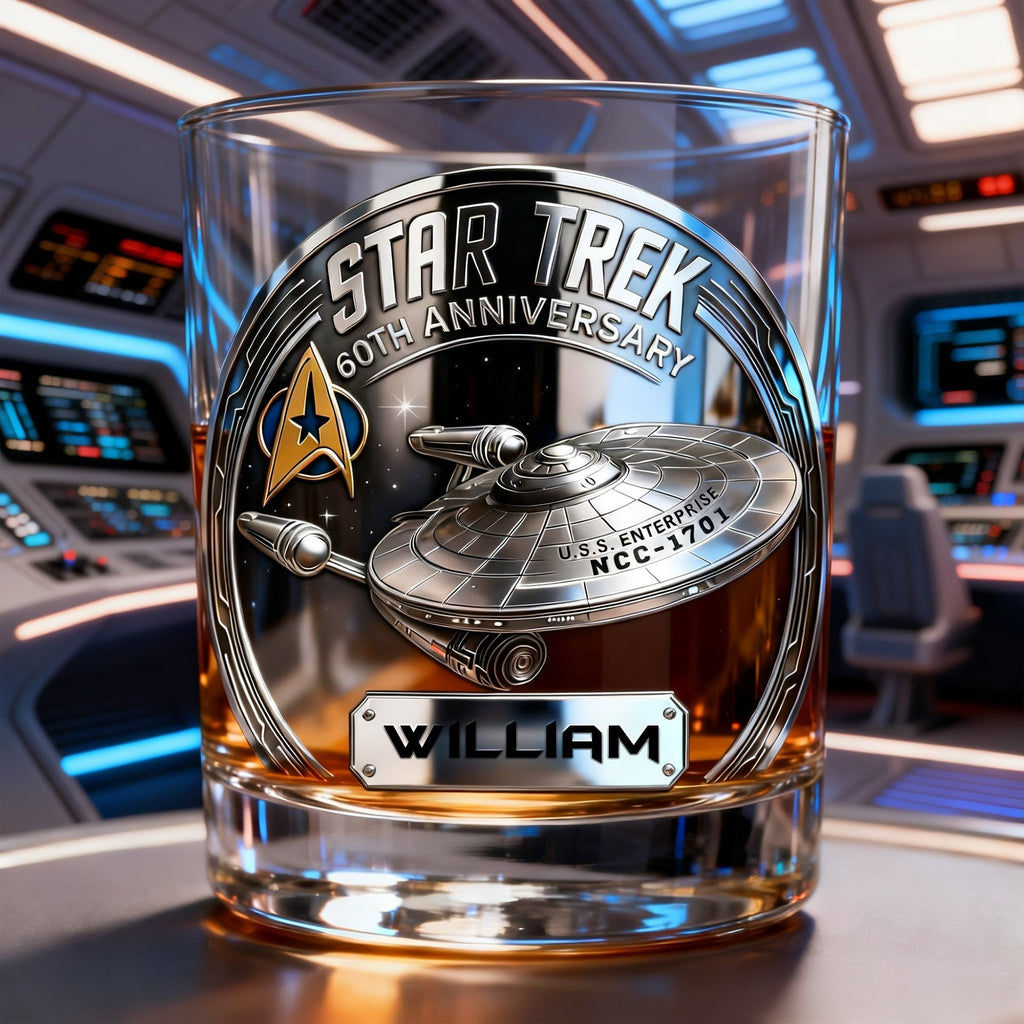 Personalized Whiskey Glass with Star Trek Design for Movie Fans - 60th Anniversary Gift Whiskey Glass GradoCreations