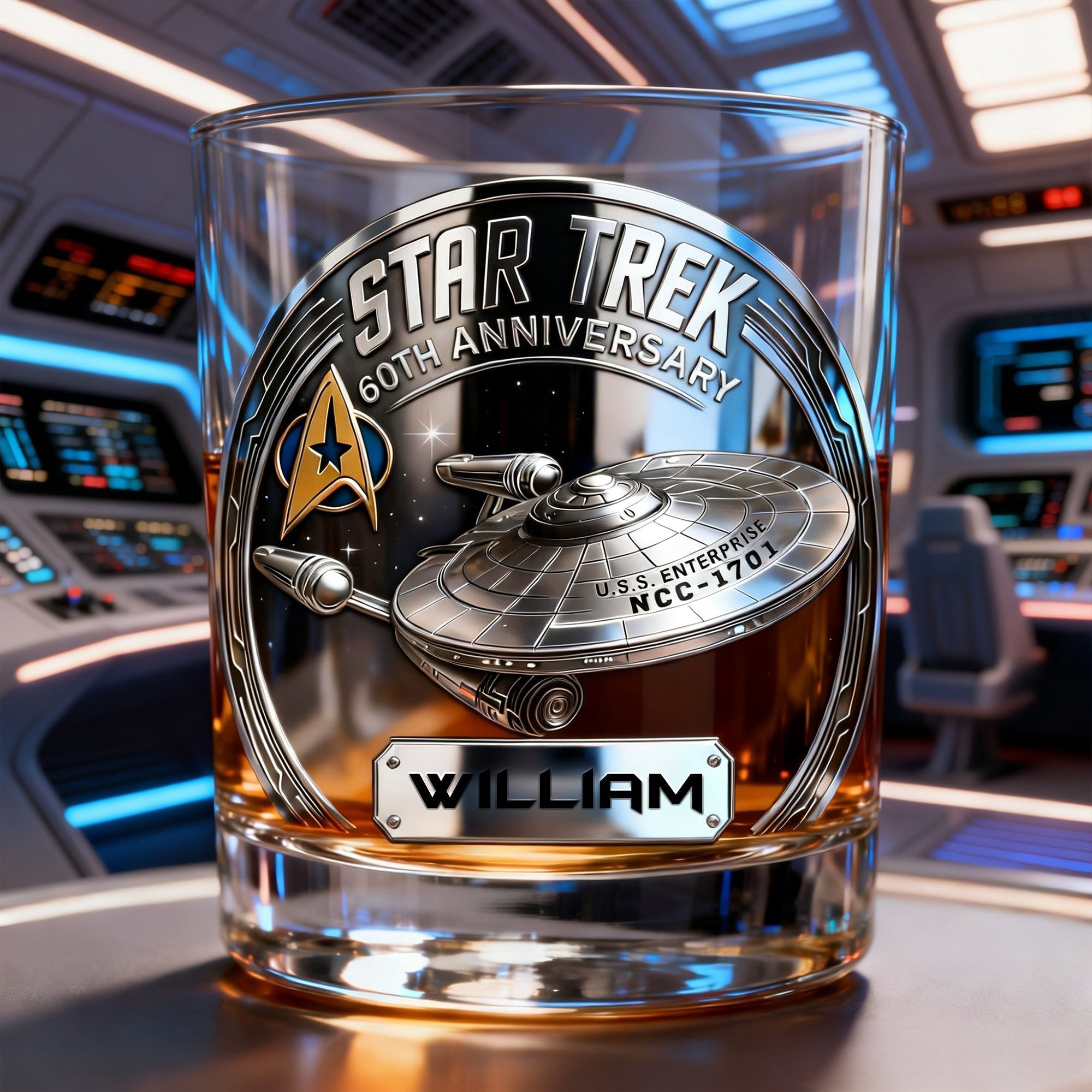 Personalized Whiskey Glass with Star Trek Design for Movie Fans - 60th Anniversary Gift Whiskey Glass GradoCreations