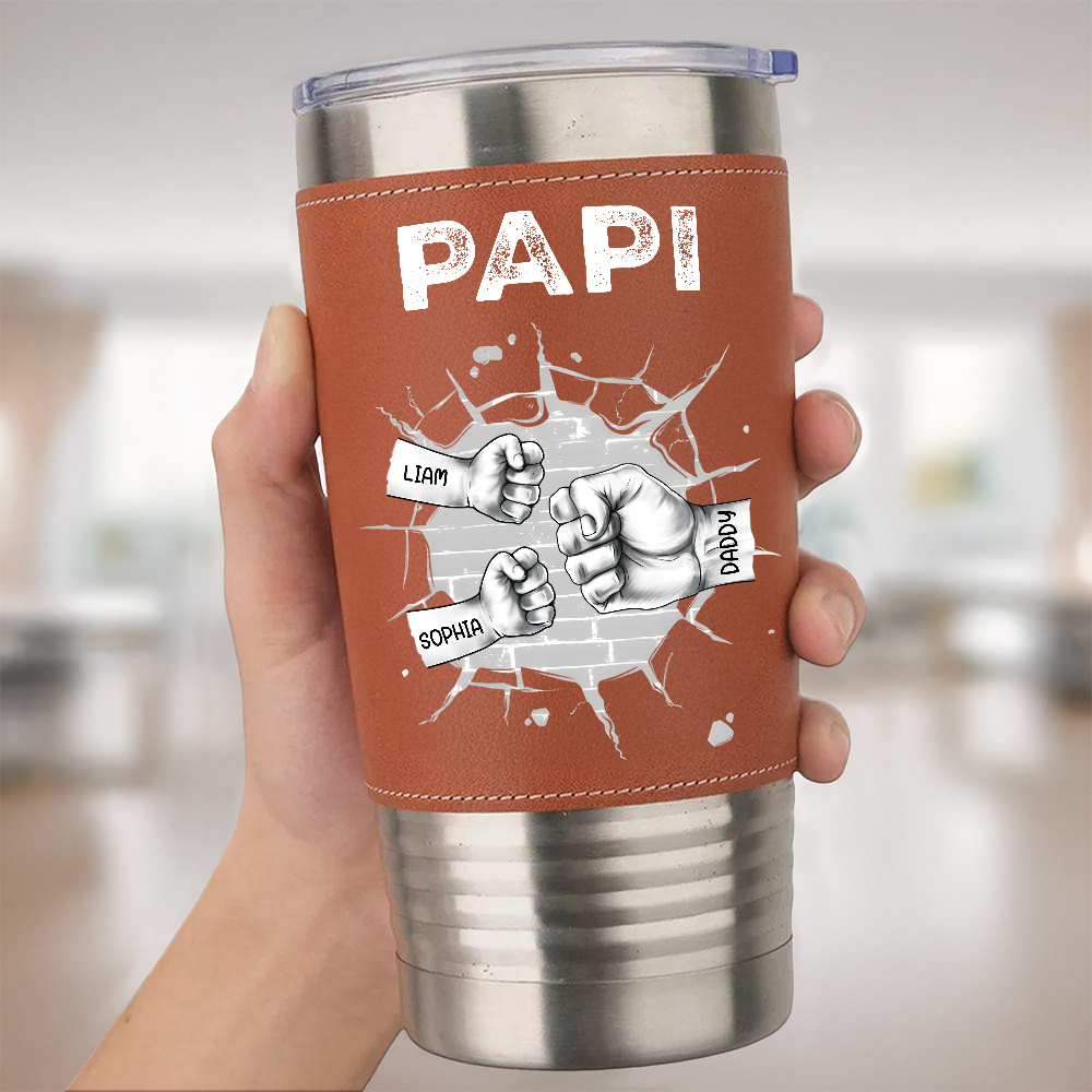 Personalized Leather Tumbler Custom Kids Names Gift for Dad Print Leatherette Tumbler 20oz GradoCreations