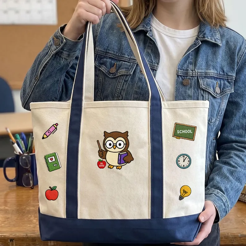 Personalized Teacher Owl Embroidery Tote Bag - Back to School Gift