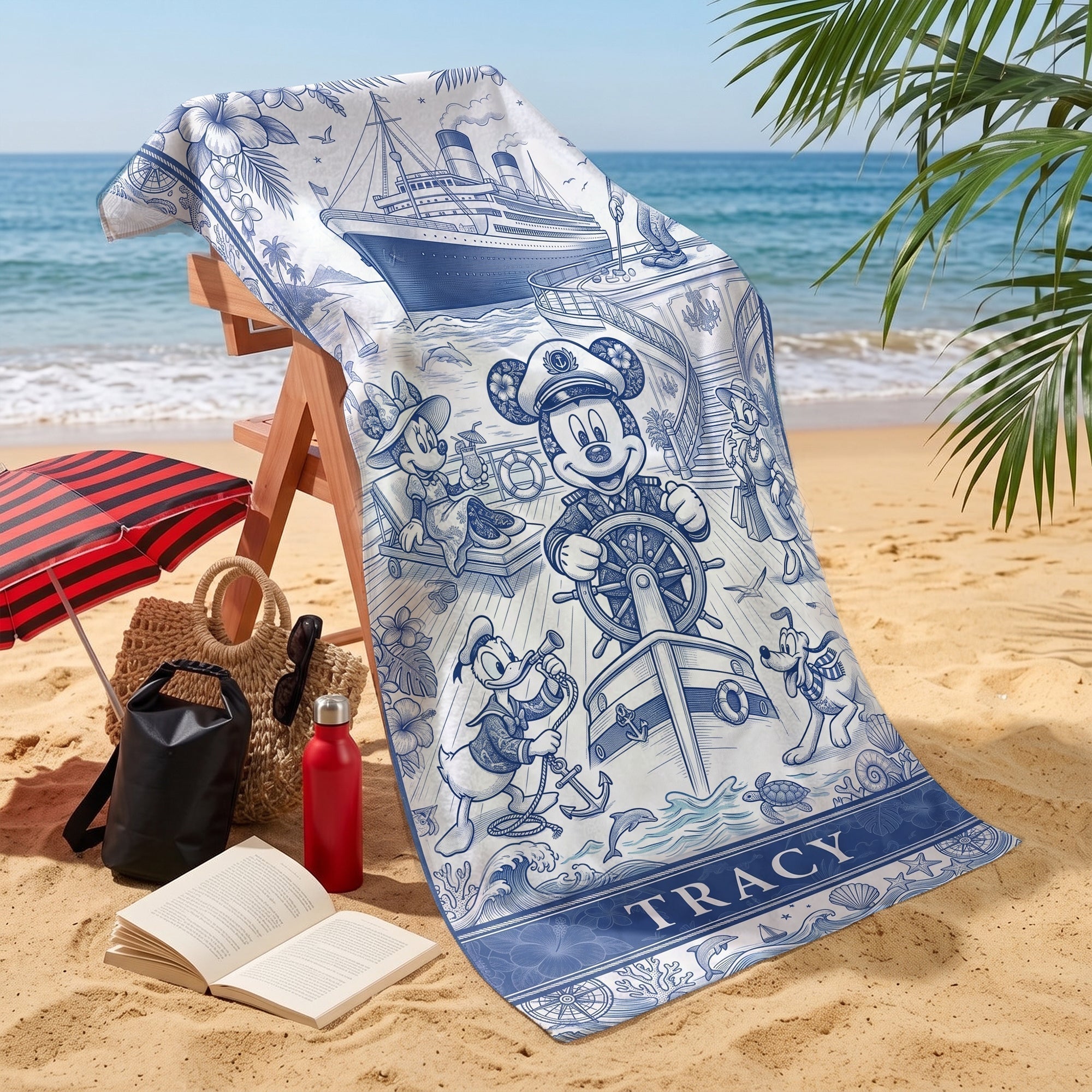 Personalized Toile De Jouy Beach Towel Custom Name Gift for Travelers Beach Towel GradoCreations