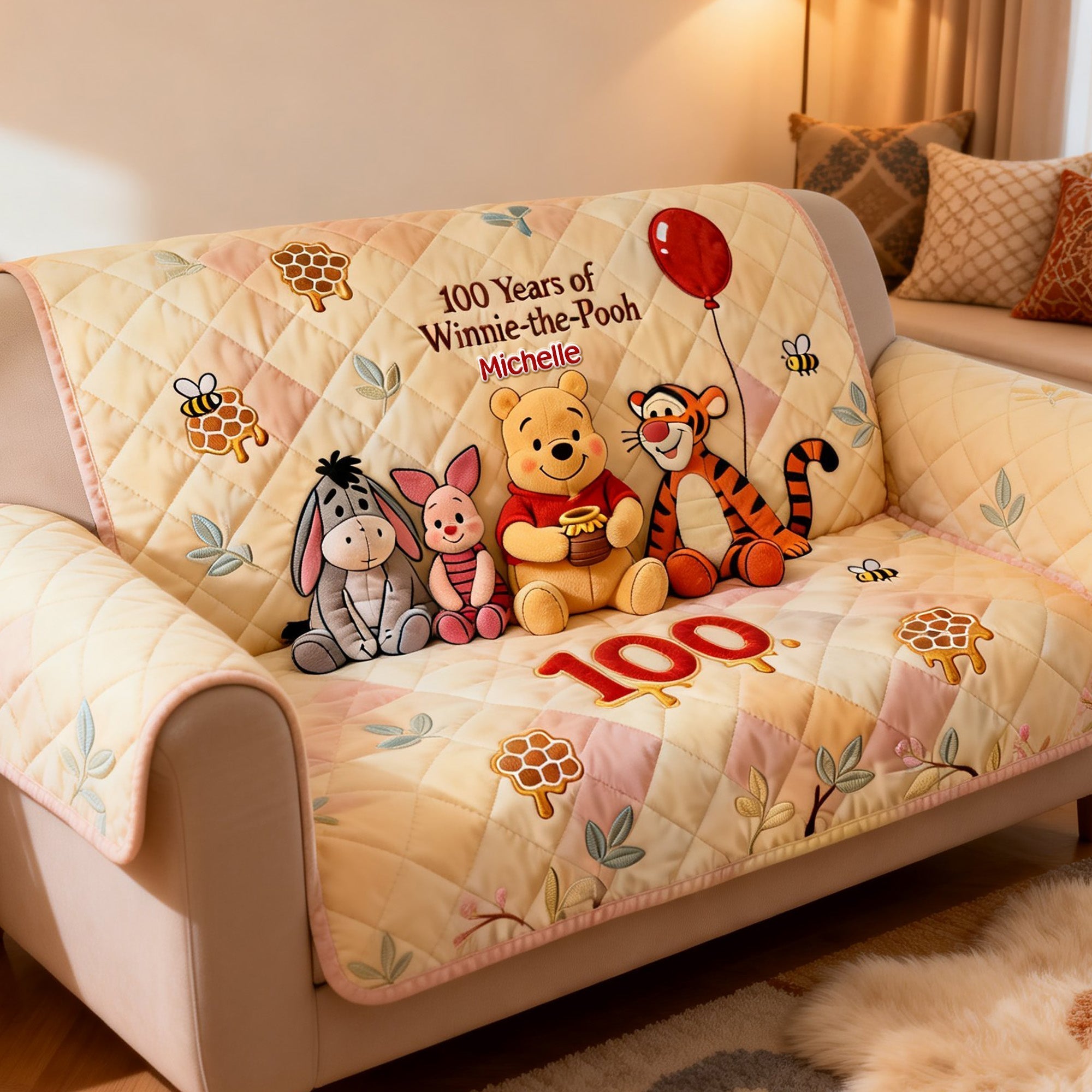 Personalized Winnie-the-Pooh Quilted Sofa Cover Gift for Kids Quited Sofa Cover GradoCreations