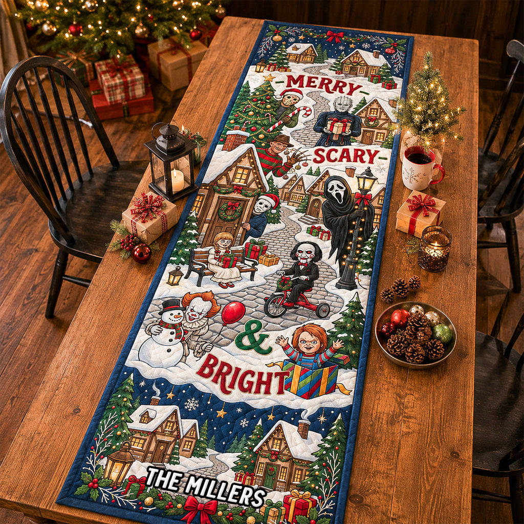 Personalized Merry Scary Christmas Quilt Table Runner Custom Family Name Decor Quilt Table Runner GradoCreations