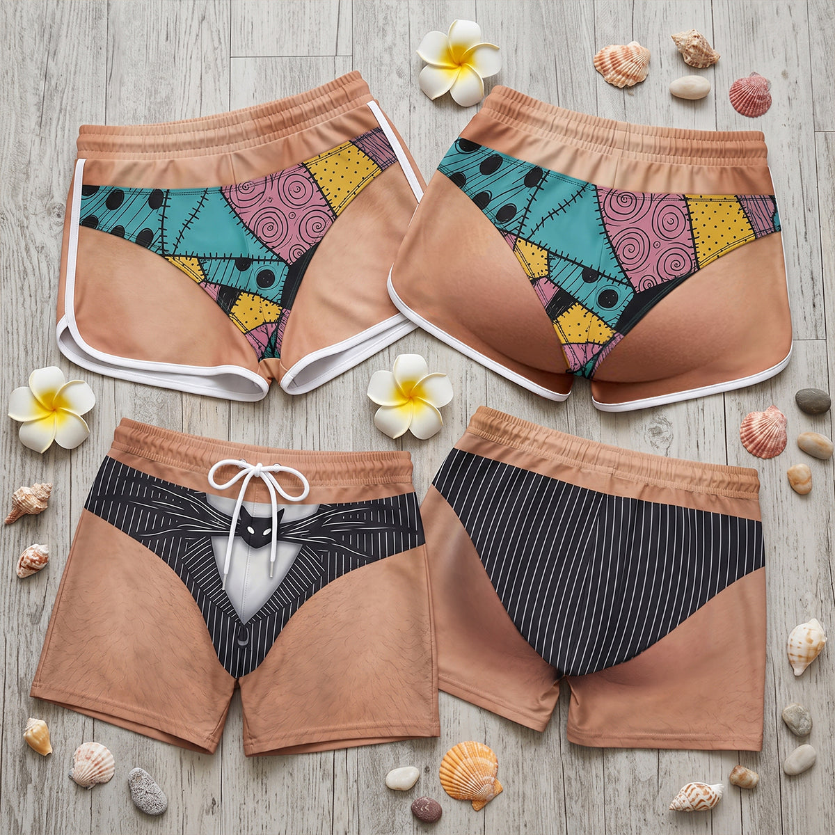 Personalized Patchwork Skeleton Couple Swimwear Gift | Beach Shorts Couple Beach Short GradoCreations