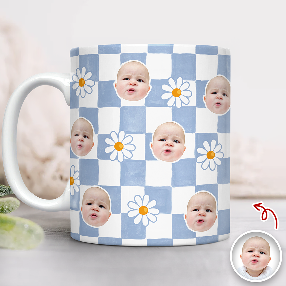 Personalized Baby Face Daisy Checkered Mug Gift for Mom & Dad HN590 - edge to edge mug GradoCreations