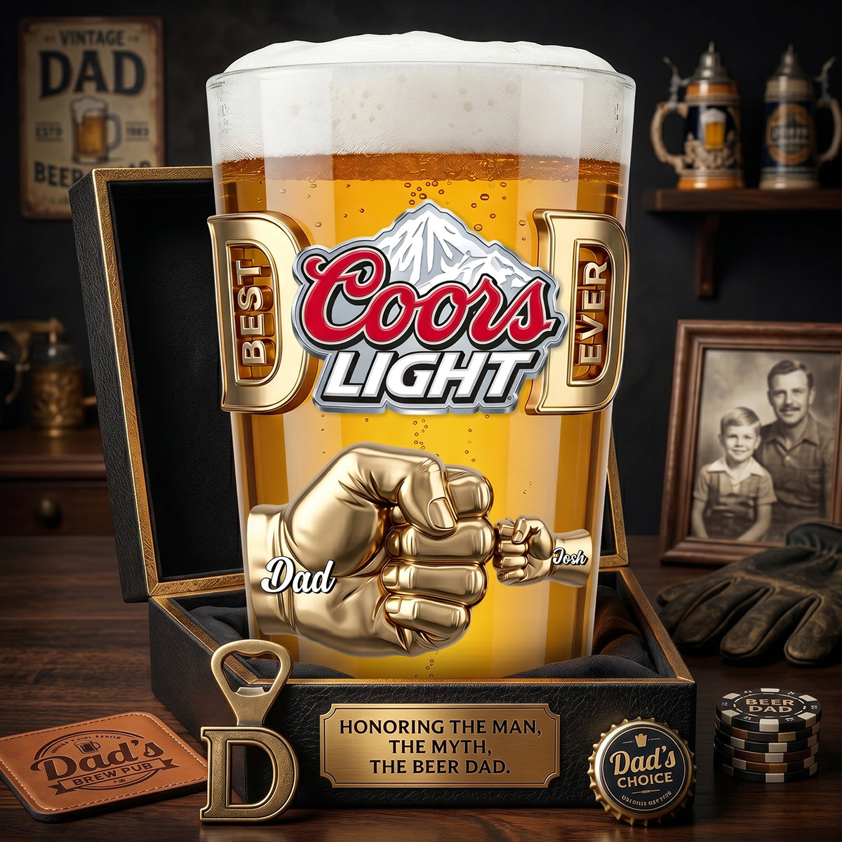 Personalized Beer Glass Best Dad Ever Fist Bump Gift for Dad