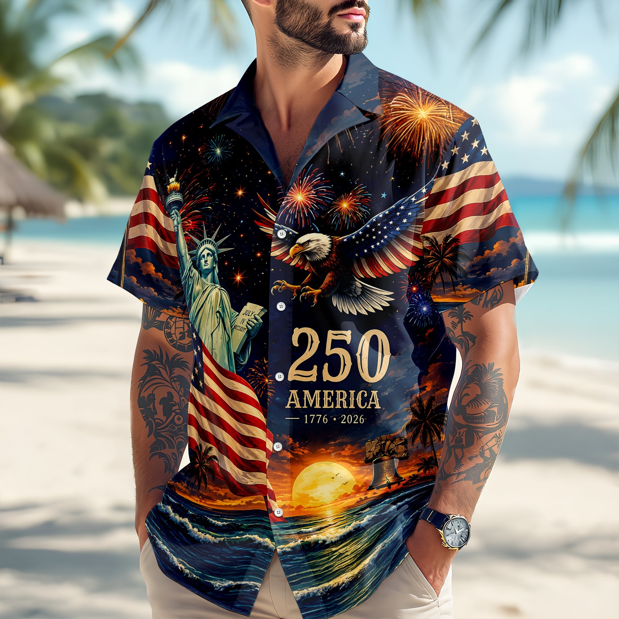 Personalized Patriotic Hawaiian Shirt US Flag Bald Eagle Gift HN590 - AOP Hawai Shirt GradoCreations