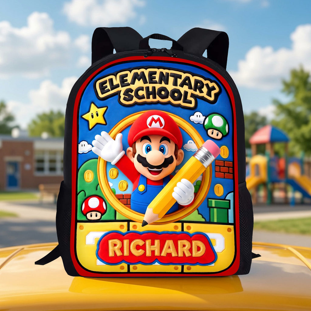 Personalized Mario Cartoon School Backpack for Kids with Name