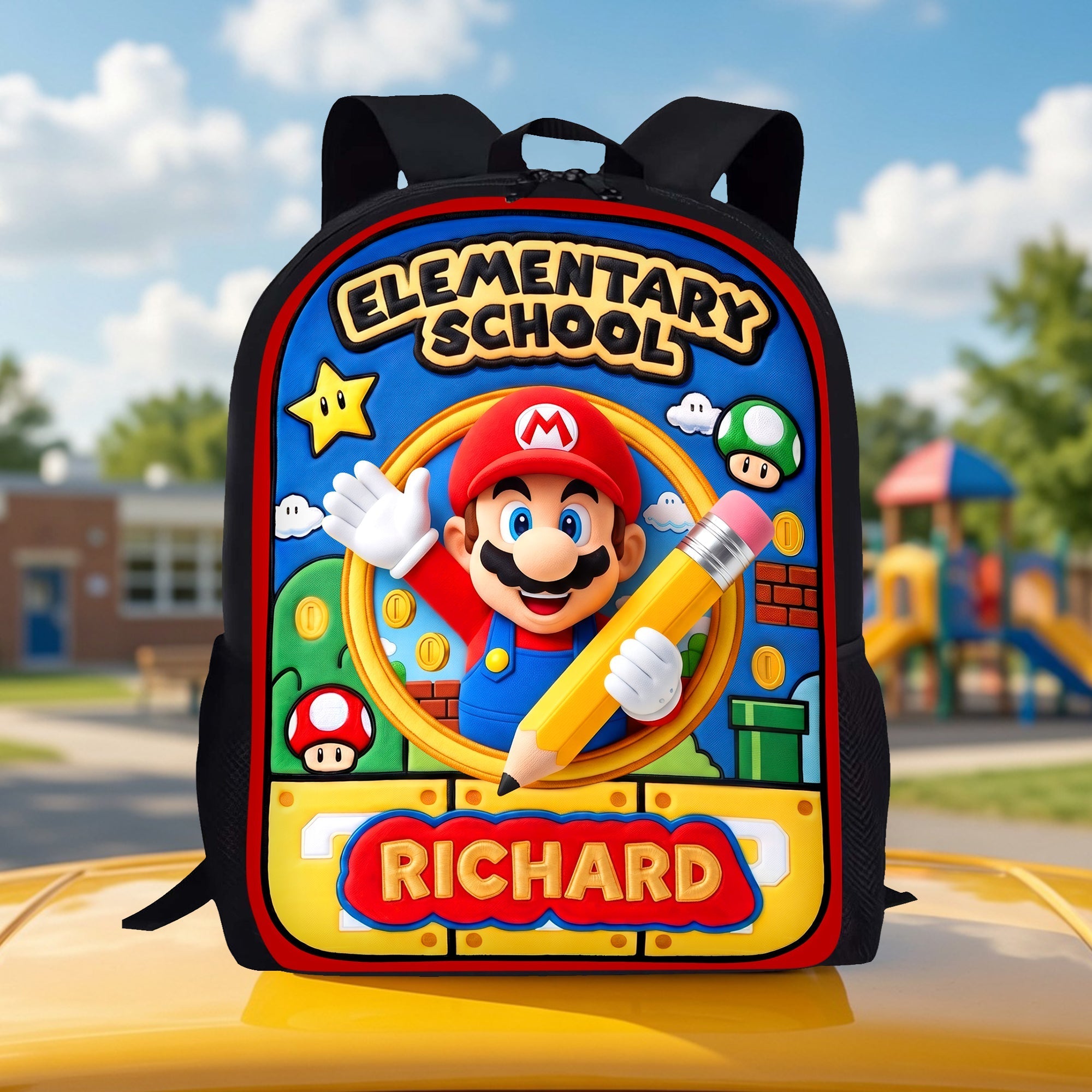 Personalized Mario Cartoon School Backpack for Kids with Name