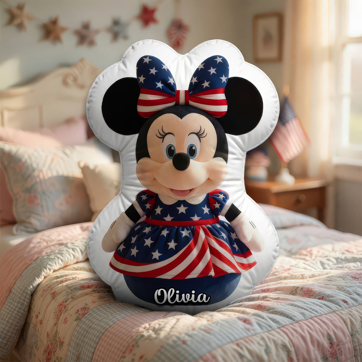 Personalized Minnie Mouse Pillow with Custom Name - Gift for Kids, Independence Day Decor