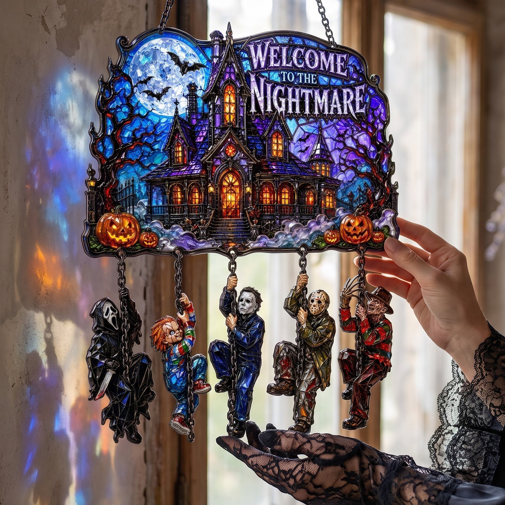 Personalized Halloween Suncatcher Ornament for Family & Horror Lovers Window Hanging Suncatcher GradoCreations