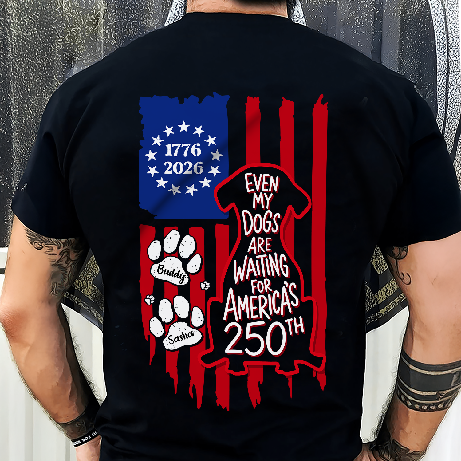 Personalized Dark T-Shirt 'Even My Dog Is Waiting' US Flag Gift for Dog Lovers HN590 - Tshirt Back GradoCreations