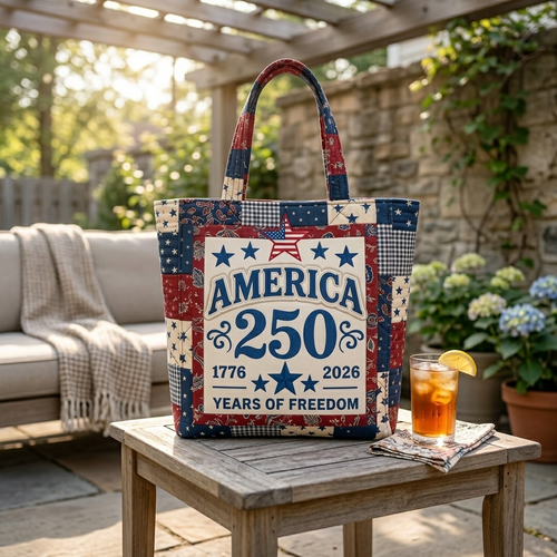 America 250 Years of Freedom Quilted Tote Bag for Her - Patriotic Gift Quilted Tote Bag GradoCreations