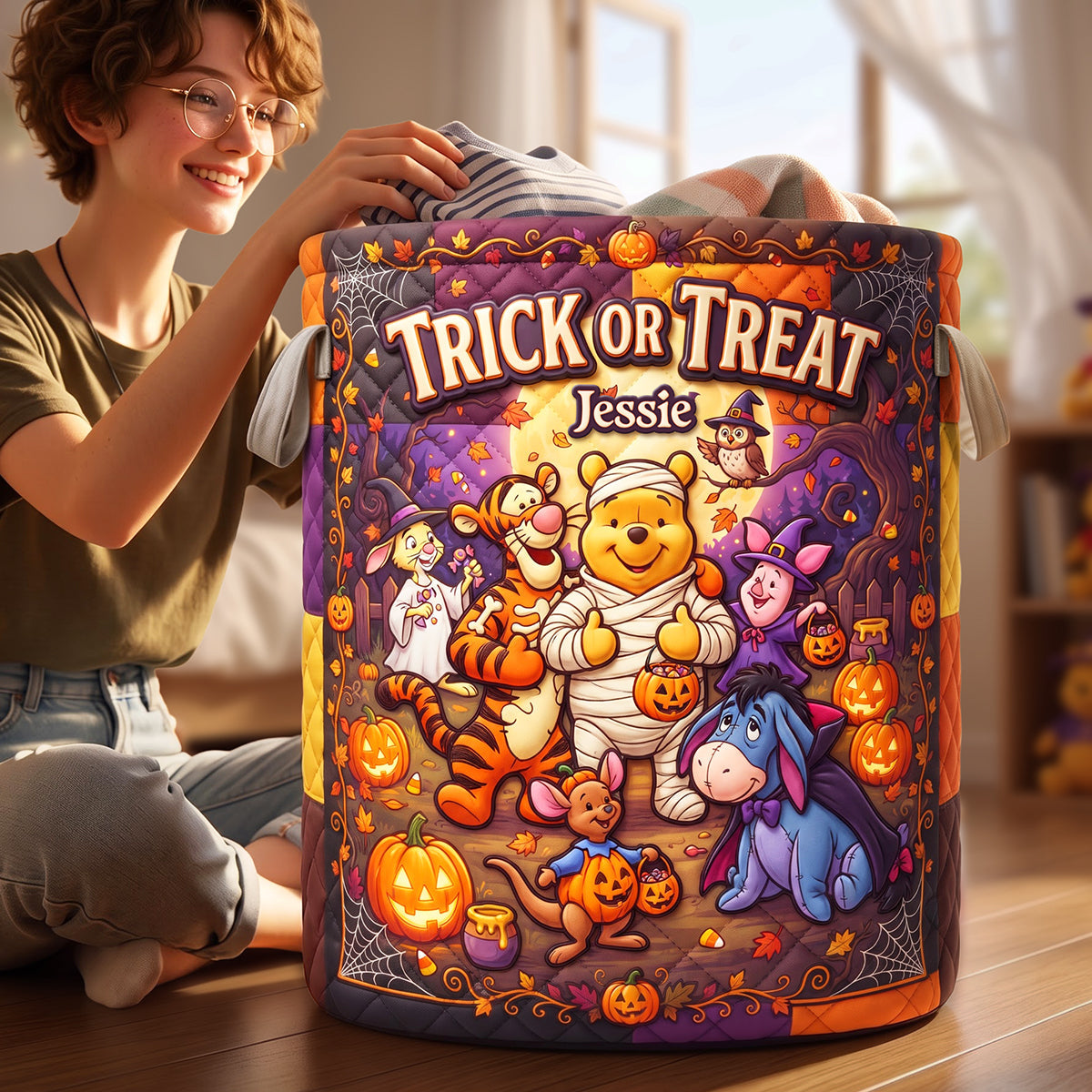 Personalized Quilted Laundry Basket Halloween Gift for Kids Quilted Laundry Basket GradoCreations
