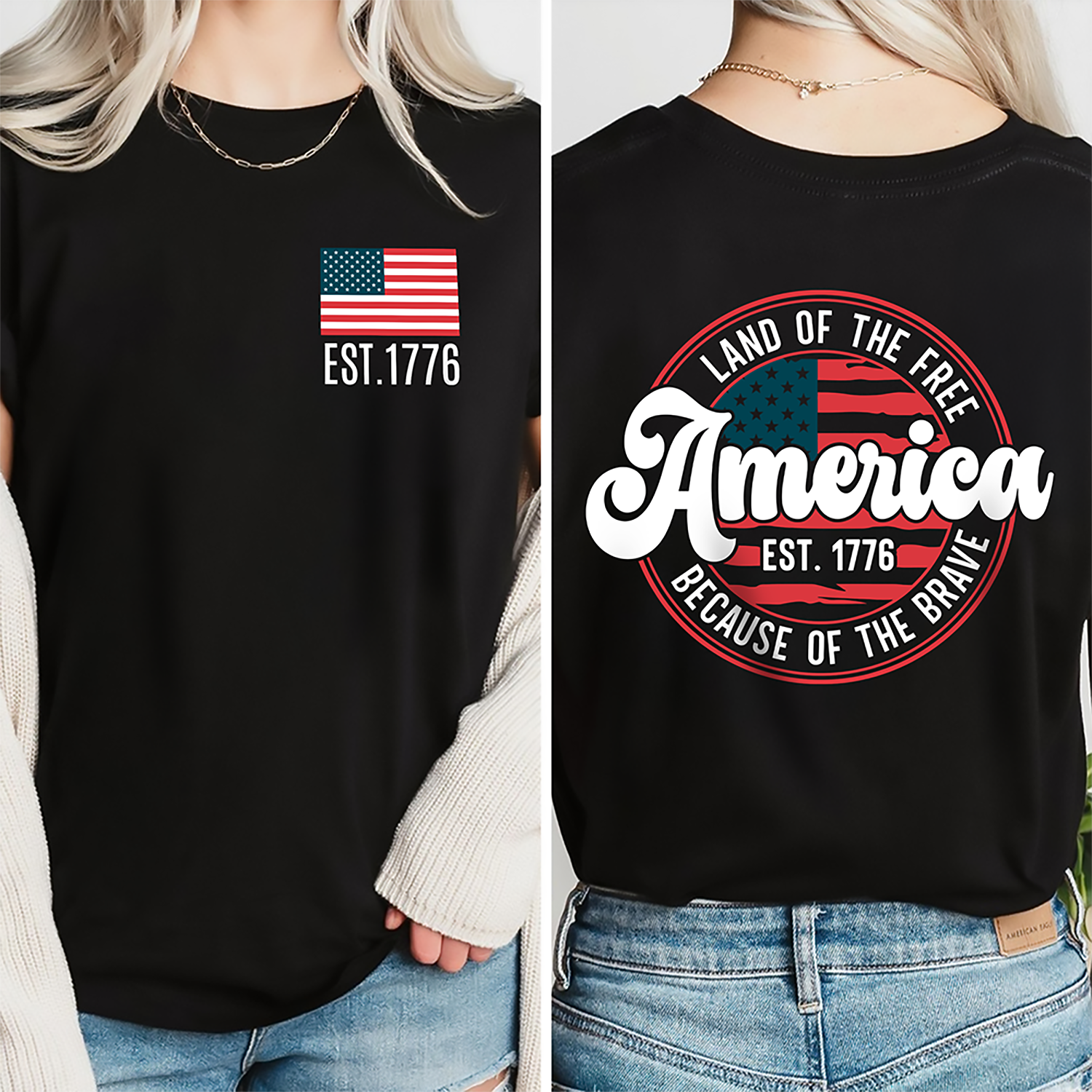 Personalized America Est 1776 T-Shirt Gift for Dad | Independence Day HN590 - Back&Front Shirt GradoCreations