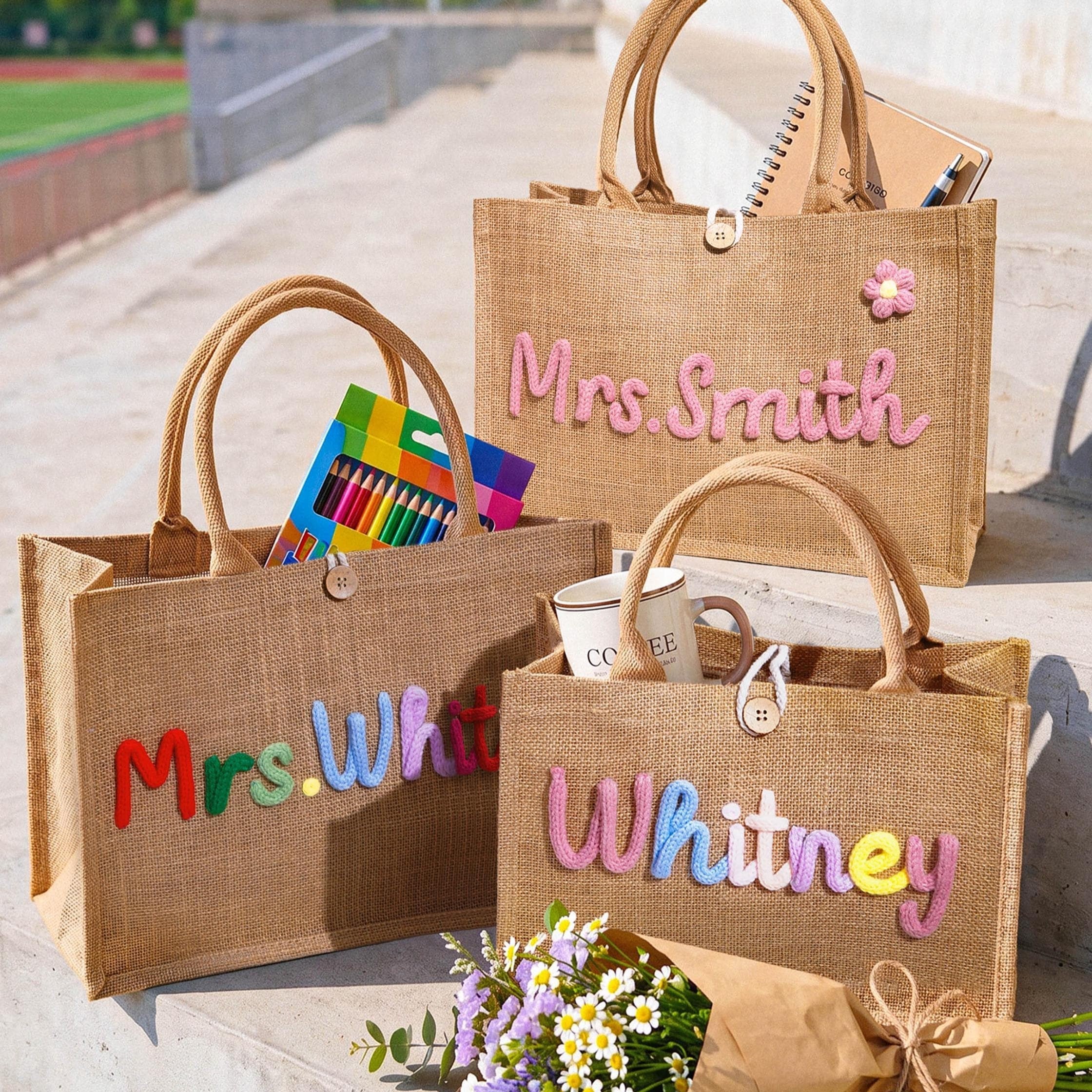 Personalized Crochet Tote Bag Custom Name Teacher Gift HN590 - Teacher Tote Bag FIX GradoCreations