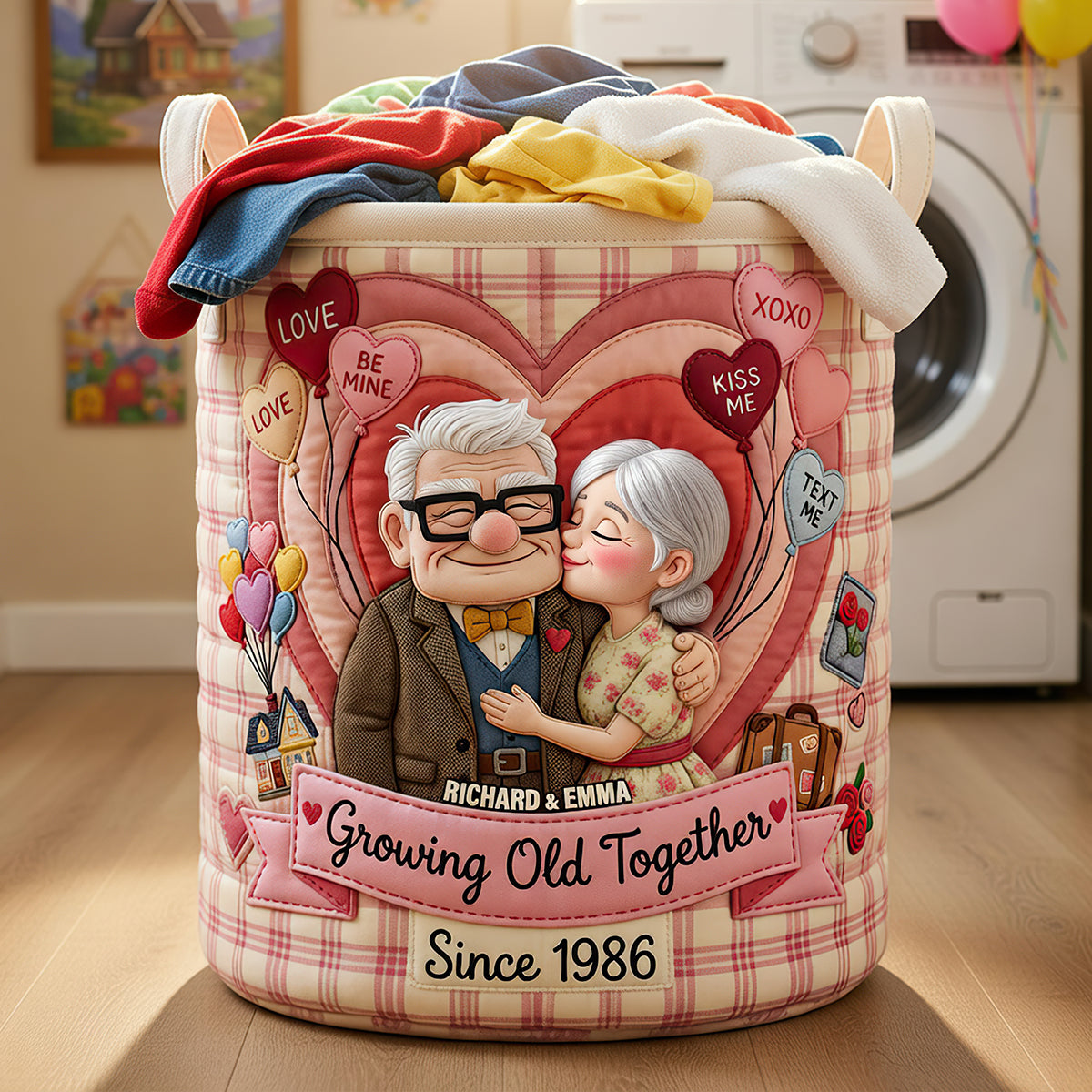 Personalized Quilted Laundry Basket with Custom Artwork for Couples