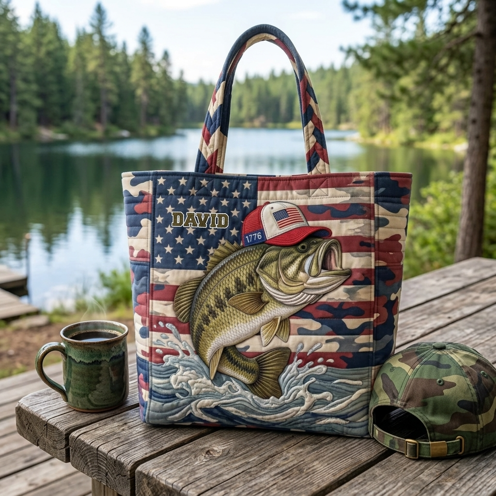 Personalized Quilted Tote Bag Camo American Flag Gift for Dad