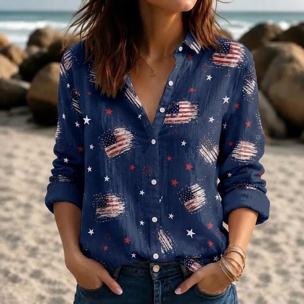 Personalized American Flag Blouse Shirt 4th of July Gift for Her HN590 - Blouse Shirt GradoCreations