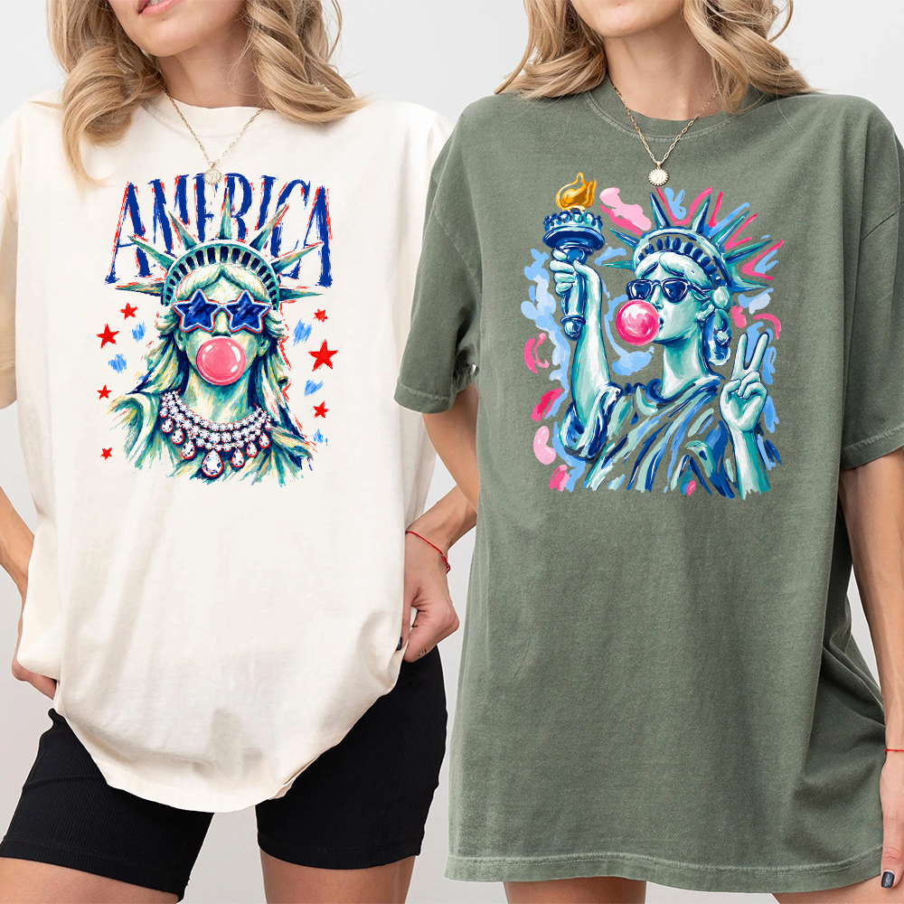 Personalized 4th of July Comfort Shirt with Statue of Liberty Comfort Shirt GradoCreations