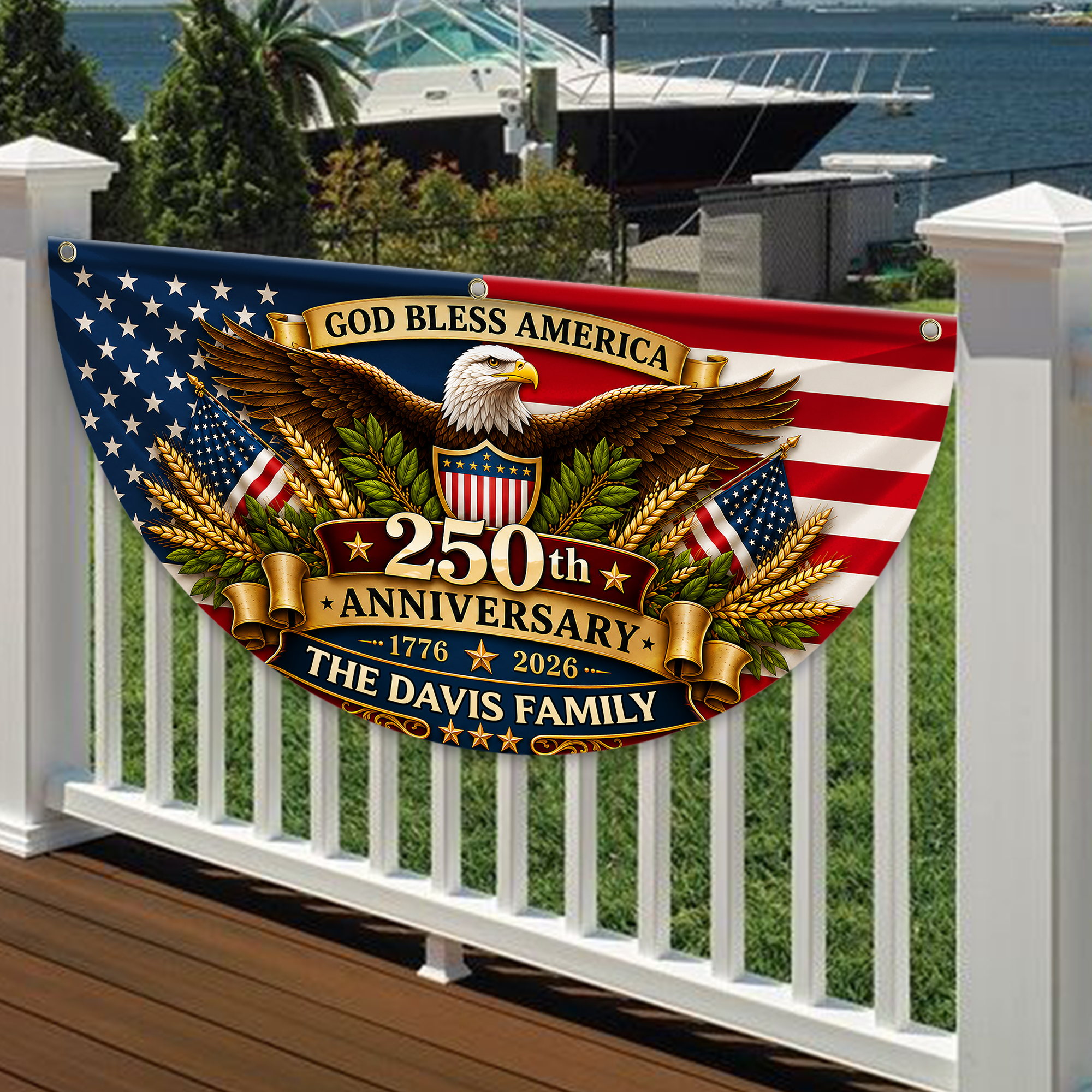Personalized USA Flag Custom Family Name Gift for 4th of July HN590 - Non-Pleated Fan Flag GradoCreations