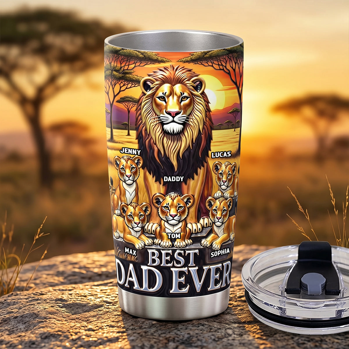 Personalized Lion Dad Tumbler with Kids Custom Name Gift