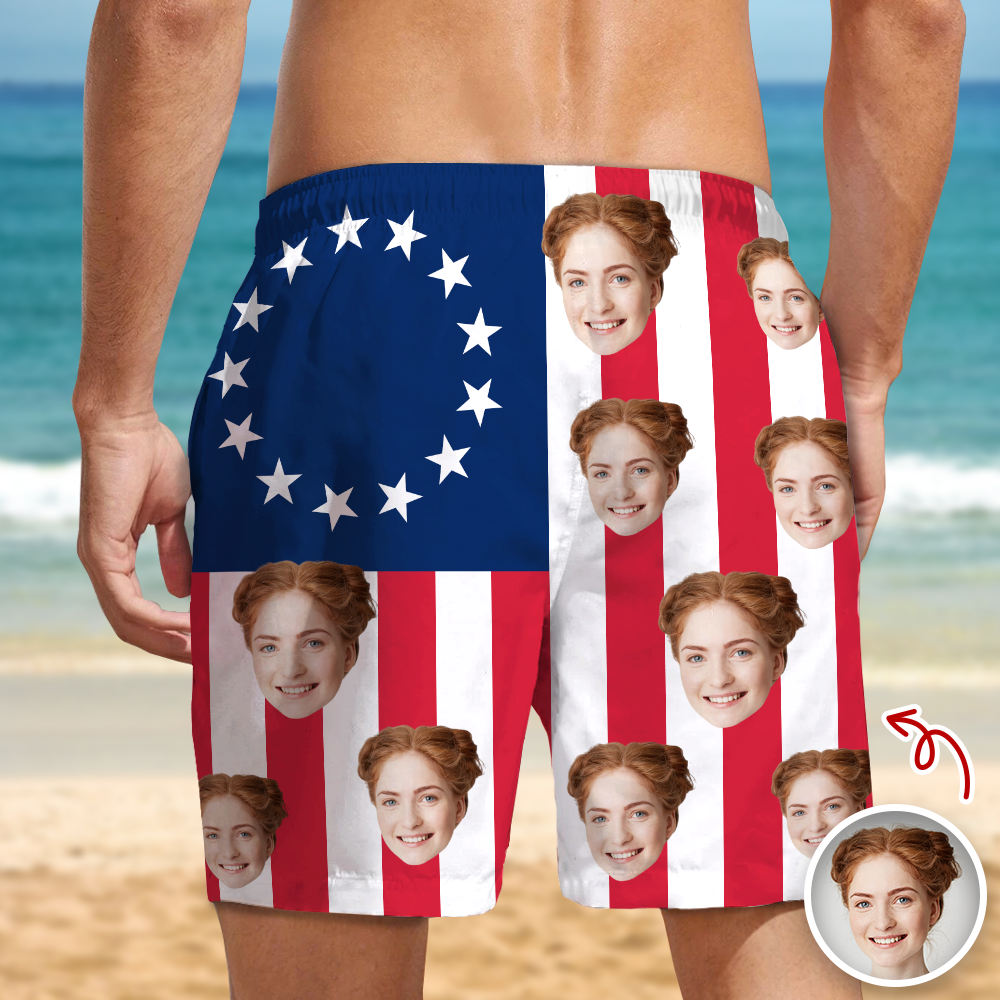 Personalized Funny Face American Flag Beach Shorts Gift for Dad HN590 - Beach-Shorts GradoCreations