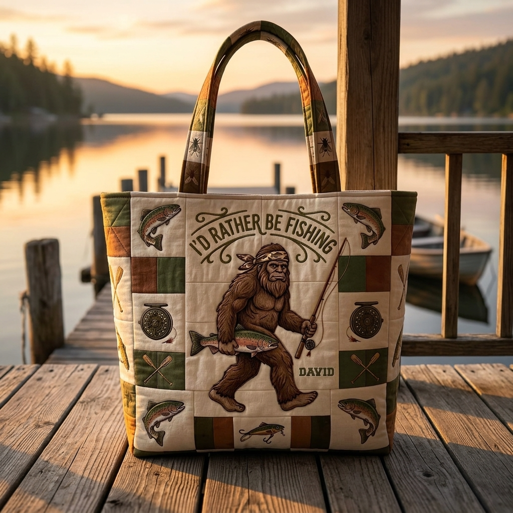 Personalized Bigfoot Fishing Tote Bag Custom Name Gift for Dad