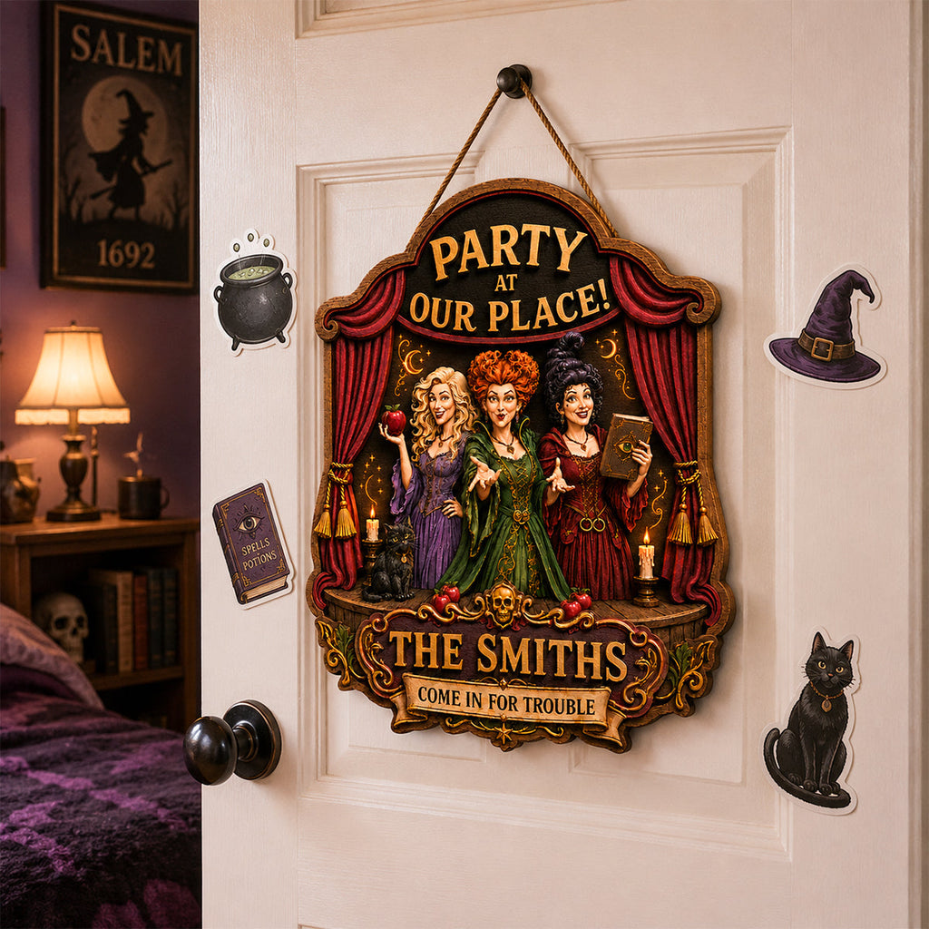 Personalized Witch Trio Halloween Sign Custom Family Name Gift Wood Sign GradoCreations