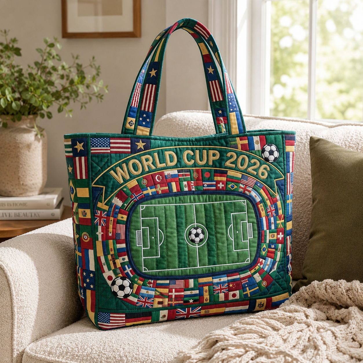 Personalized Quilted Tote Bag with World Cup 2026 Design for Soccer Fans