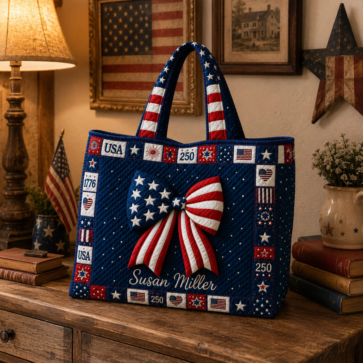 Personalized American Flag Quilted Tote Bag Gift for Her