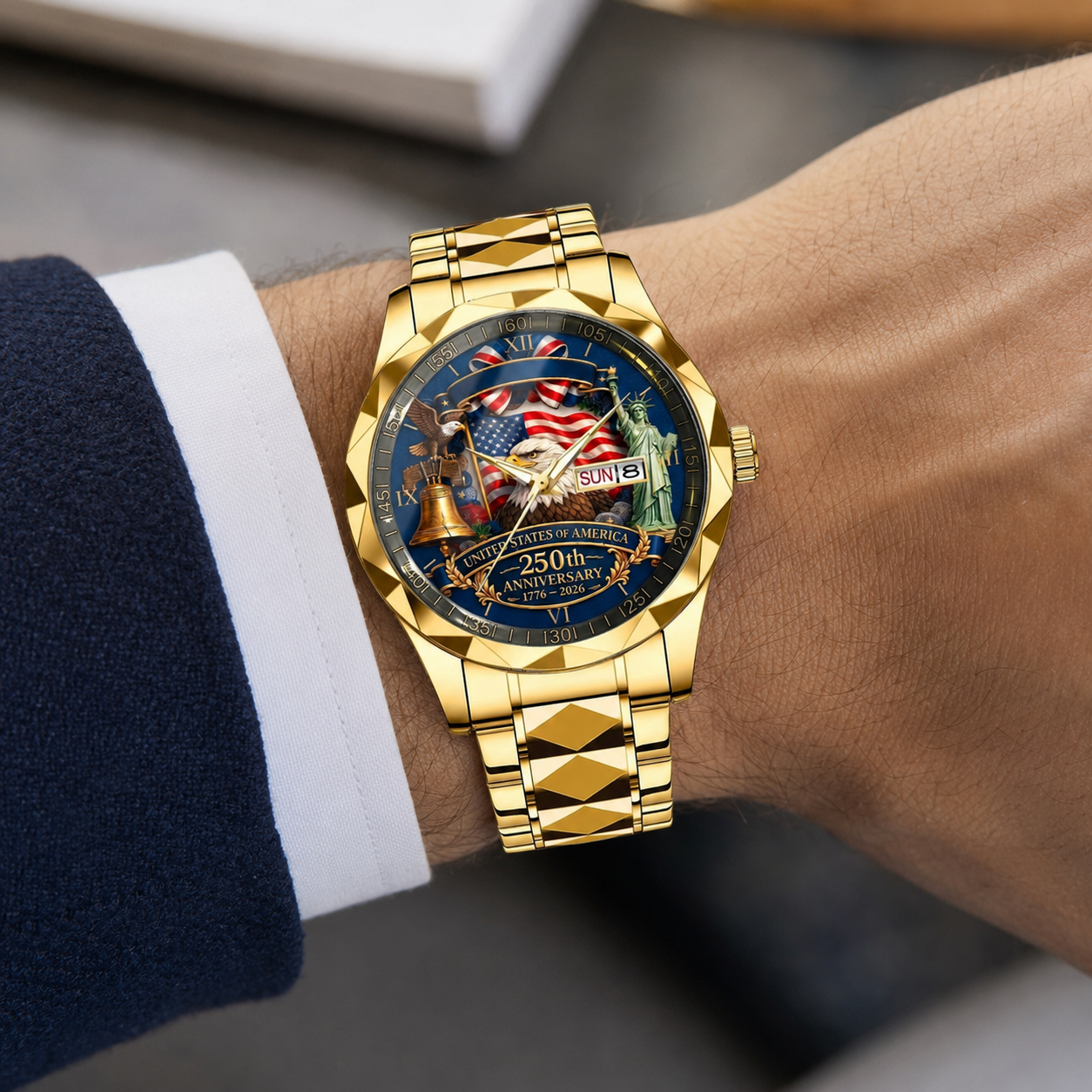 Personalized Men's Wrist Watch with USA 250th Anniversary Design - Gift for Patriots