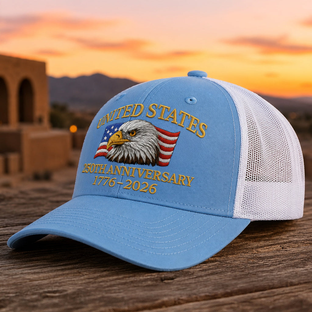 Embroidered Eagle Trucker Hat Custom 250th Anniversary Gift HN590 - Embroidered Trucker Hat fix GradoCreations