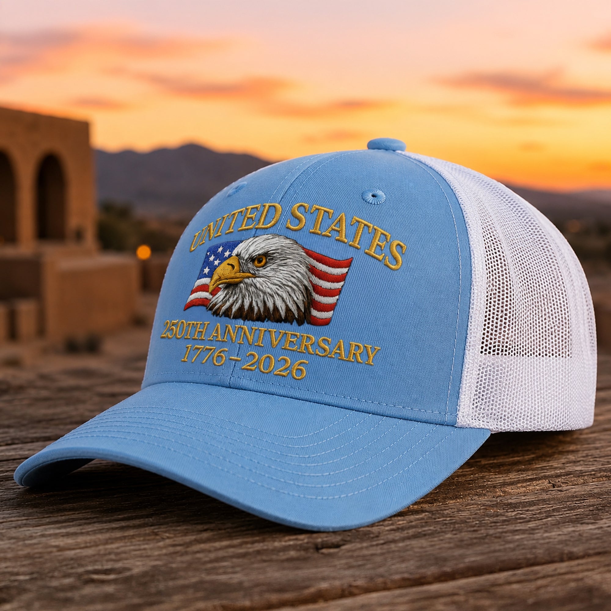 Embroidered Eagle Trucker Hat Custom 250th Anniversary Gift HN590 - Embroidered Trucker Hat fix GradoCreations