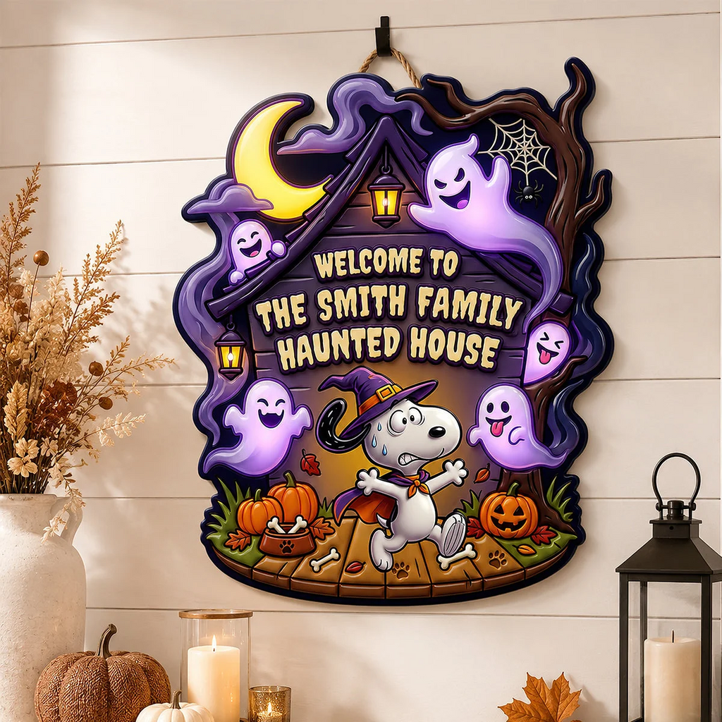 Personalized Cartoon Puppy Halloween Welcome Home Wood Sign Gift Wood Sign GradoCreations