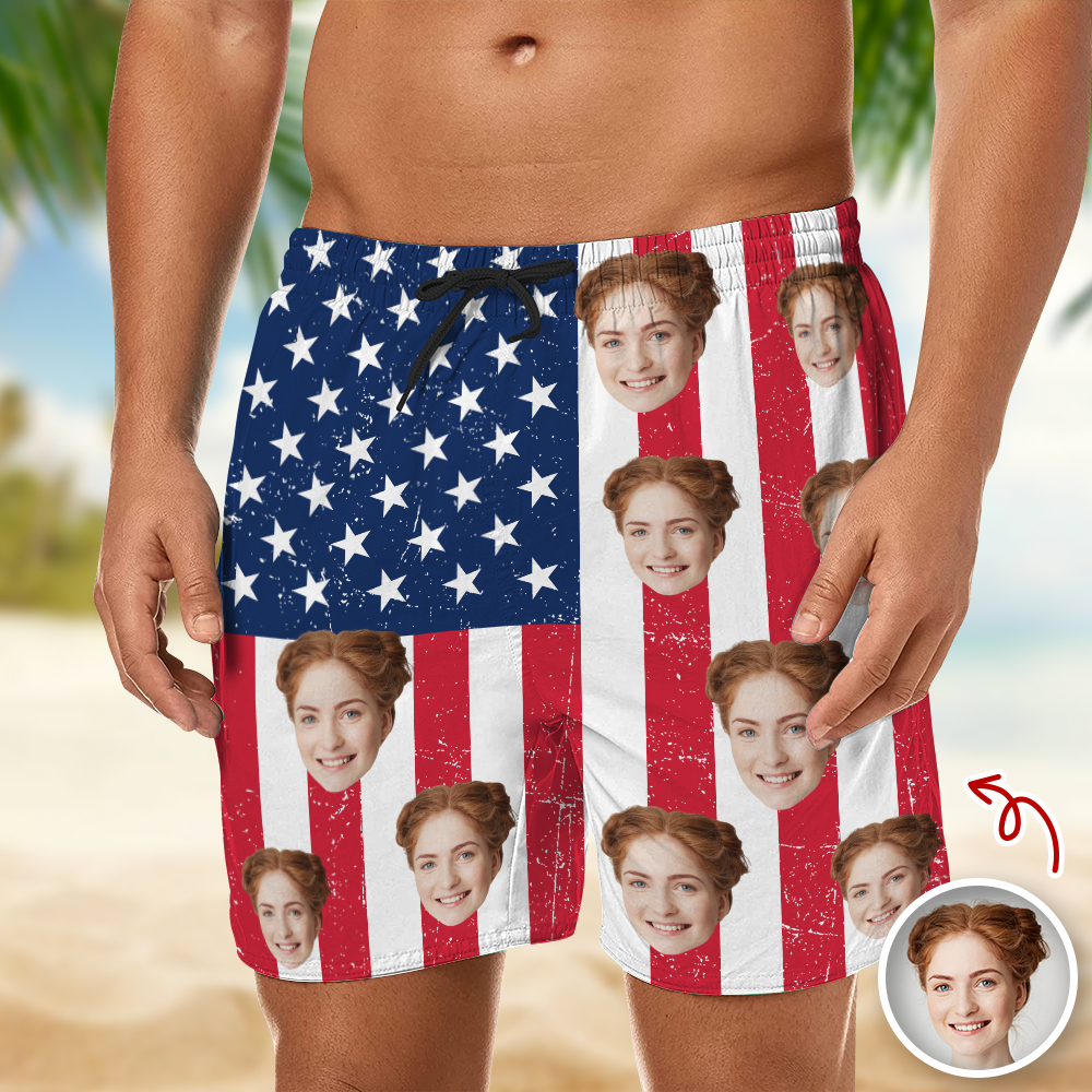Personalized Funny Face American Flag Beach Shorts Gift for Dad HN590 - Beach-Shorts GradoCreations