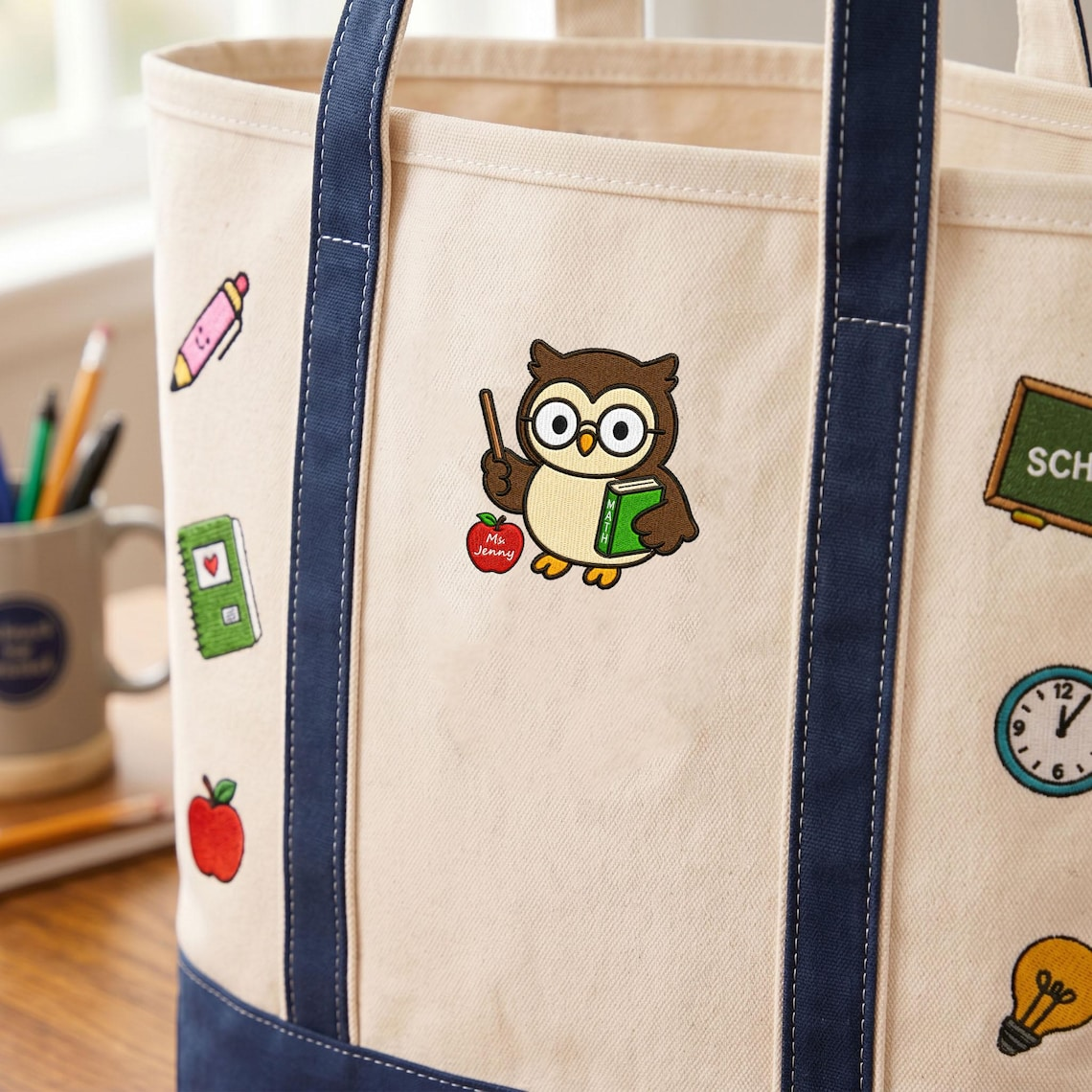 Personalized Teacher Owl Embroidery Tote Bag - Back to School Gift