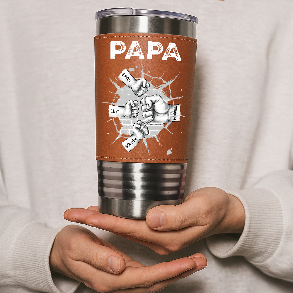 Personalized Leather Tumbler Custom Kids Names Gift for Dad Print Leatherette Tumbler 20oz GradoCreations