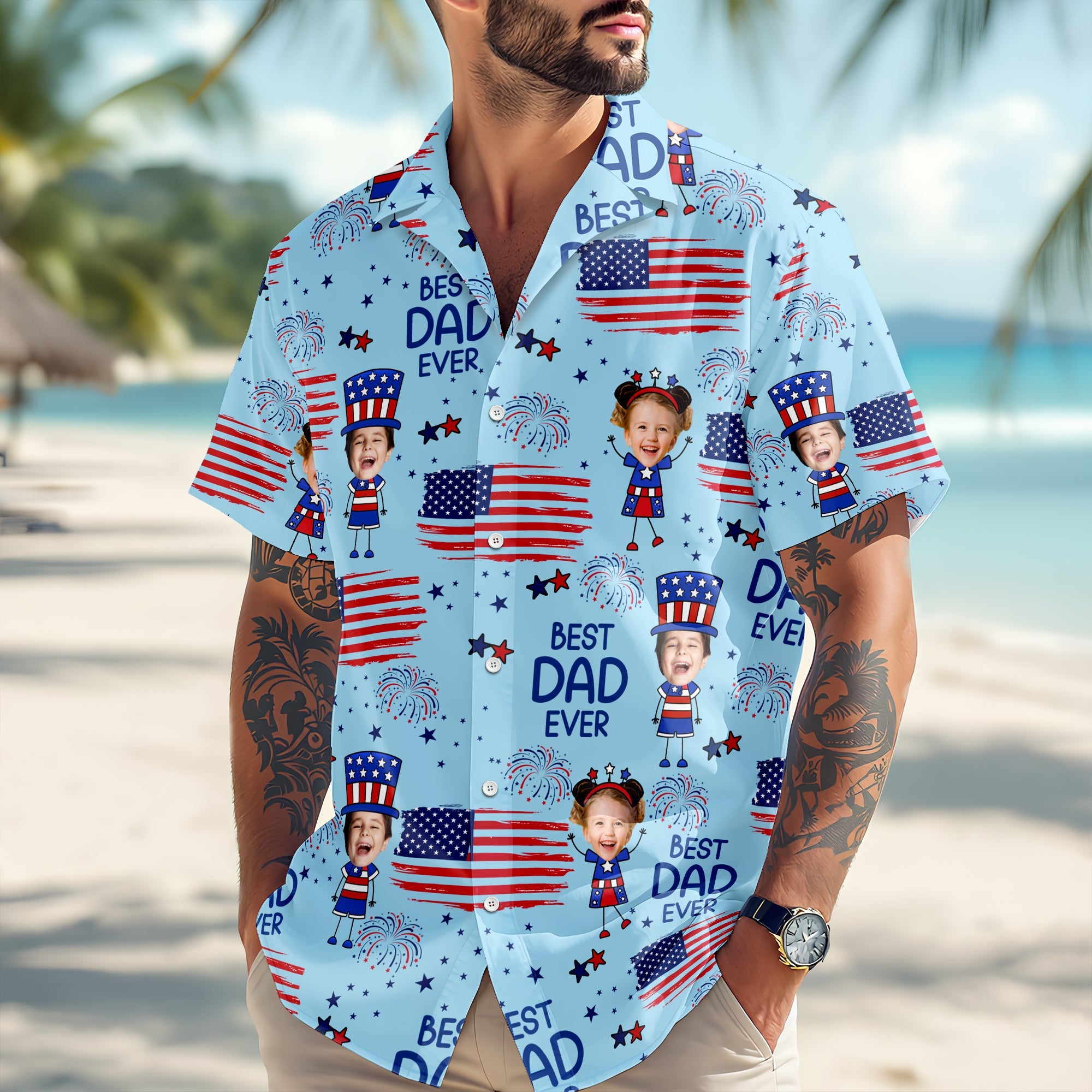 Personalized Hawaiian Shirt with USA Flag Custom Photo Gift for Dad HN590 - AOP Hawai Shirt GradoCreations
