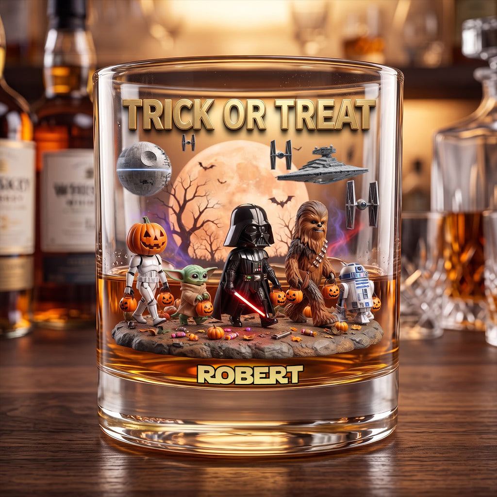 Personalized Trick or Treat Whiskey Glass Custom Name Halloween Gift Whiskey Glass GradoCreations