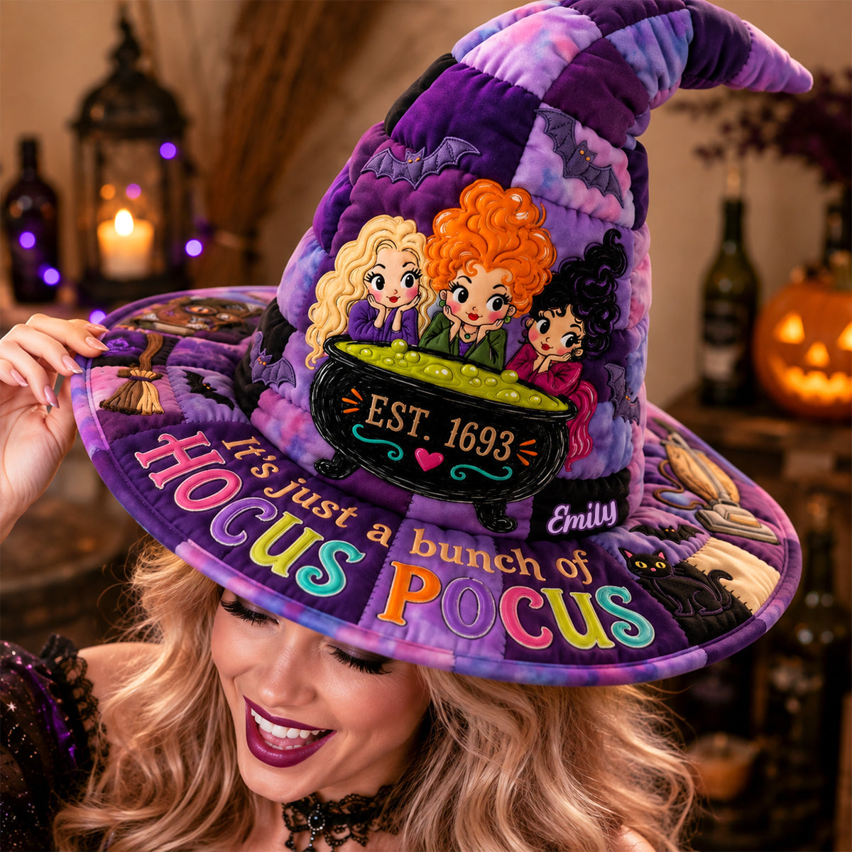 Personalized Quilted Witch Hat for Halloween Costume - Purple Cauldron Design Quilt Witch Hat GradoCreations
