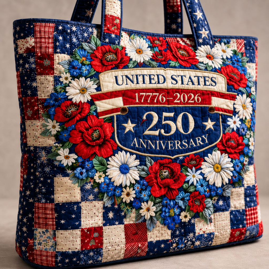 US 250th Anniversary Floral Quilted Tote Bag Patriotic Gift for Her