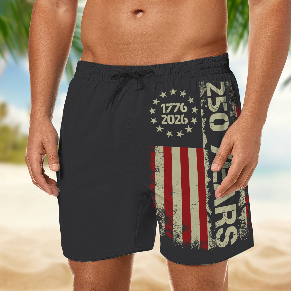 Personalized American Flag Beach Shorts Custom Gift for Dad 250th Anniversary HN590 - Beach-Shorts GradoCreations