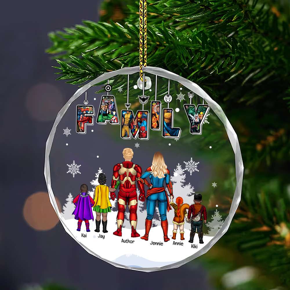 Personalized Superhero Family Glass Ornament Gift for Christmas