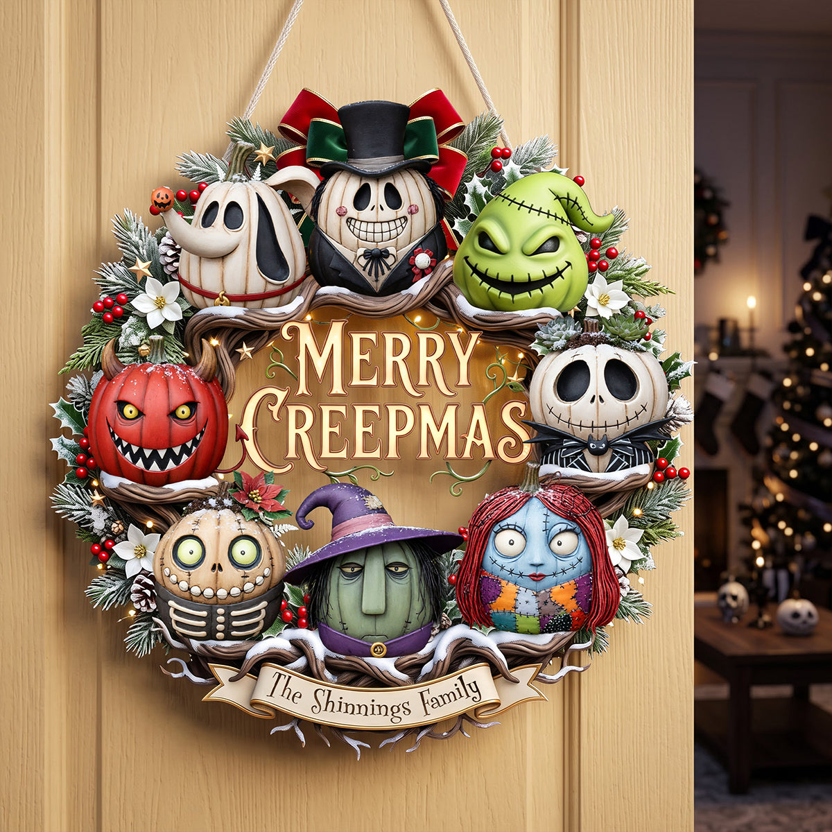 Personalized Merry Creepmas Wreath Wood Sign Unique Family Gift Wood Sign GradoCreations