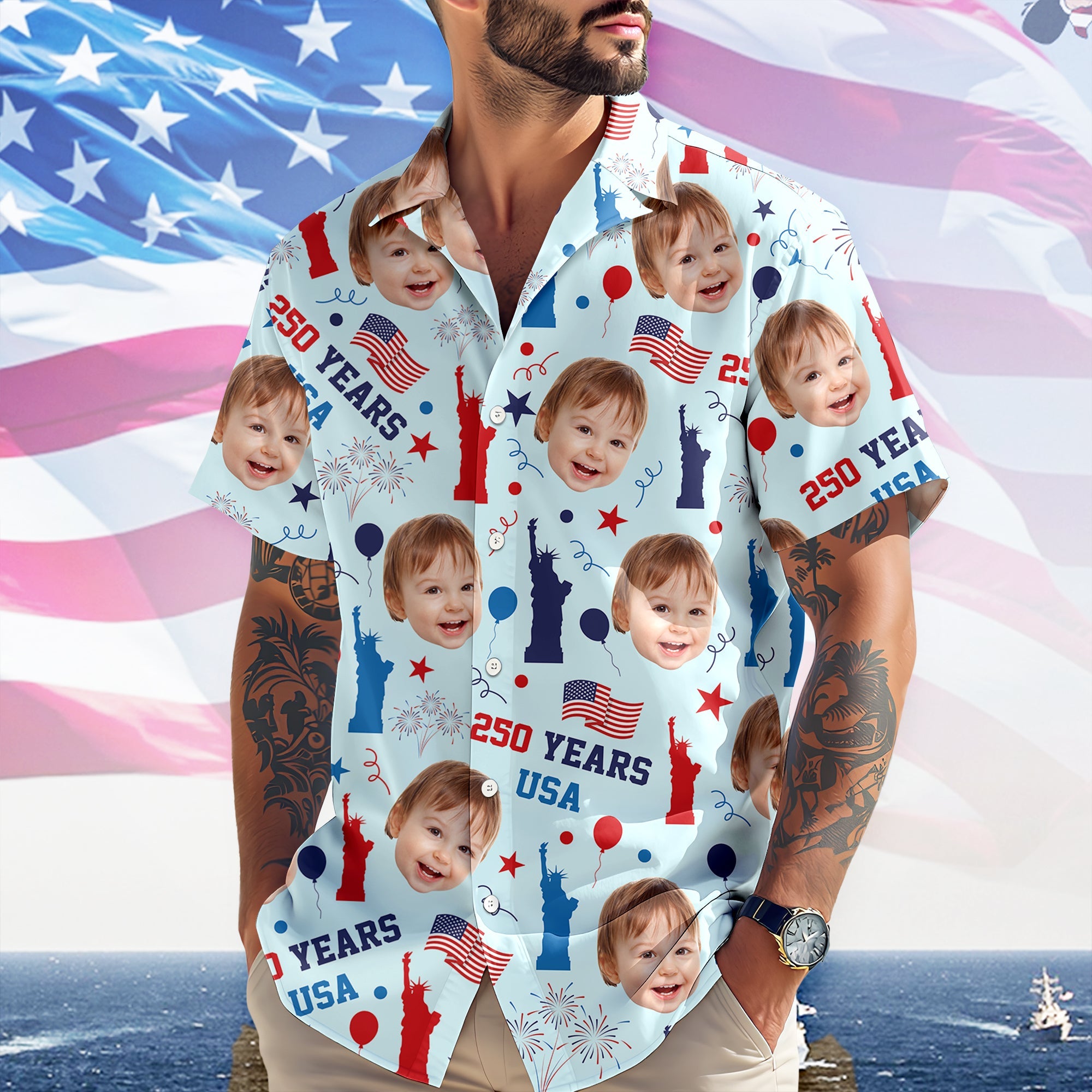 Personalized Hawaiian Shirt Photo Gift for Dad Patriotic Summer HN590 - AOP Hawai Shirt GradoCreations