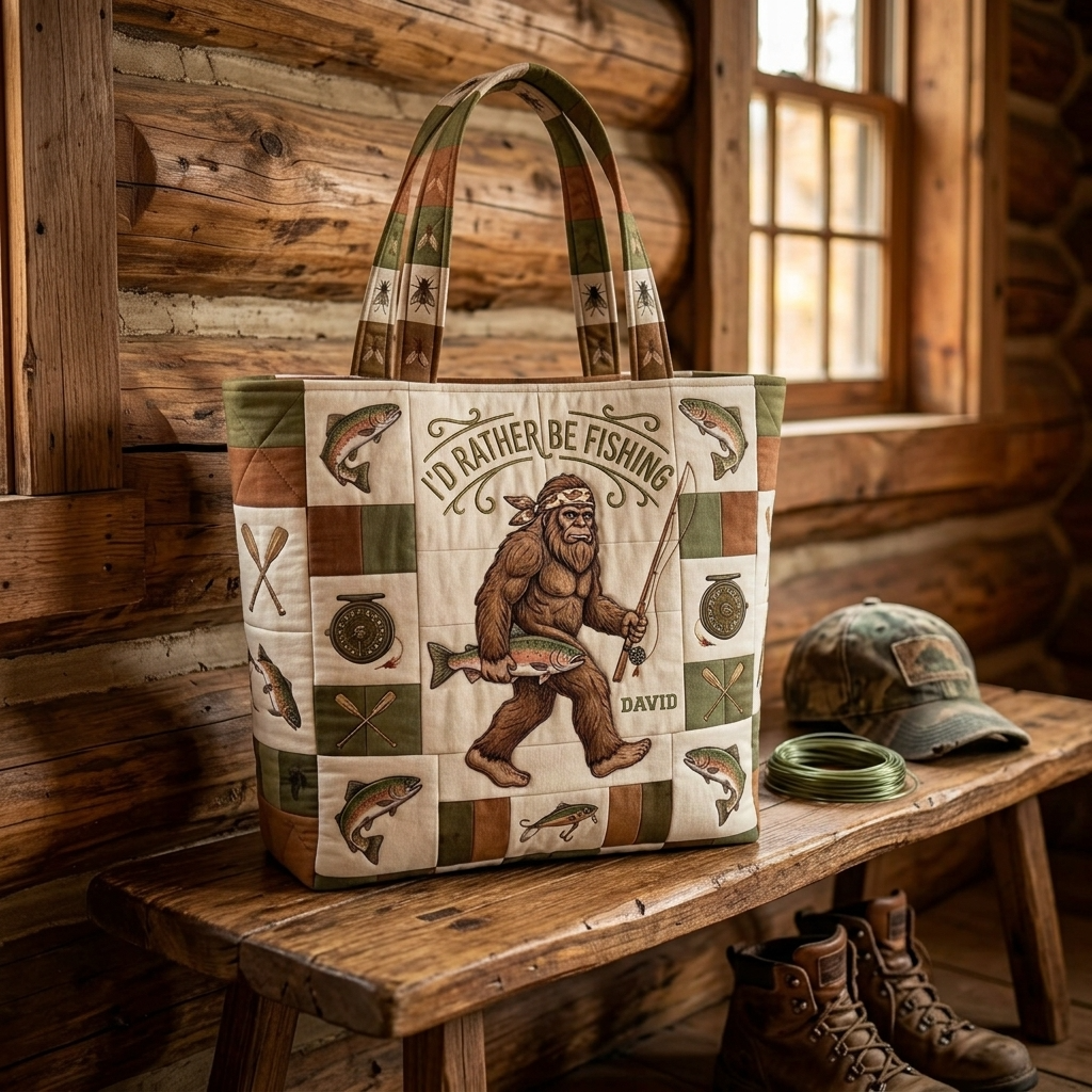 Personalized Bigfoot Fishing Tote Bag Custom Name Gift for Dad